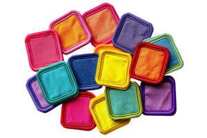 Assorted colorful square fabric pieces stacked together, showcasing a vibrant array of colors and textures on a transparent background. png
