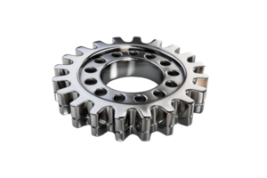 Close-up of a shiny metal gear wheel isolated on transparent background. showcasing industrial engineering and machinery components. png