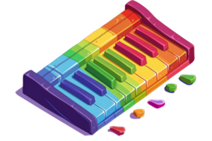 Colorful digital illustration of rainbow piano keyboard with detached keys. Vibrant and artistic design in a playful style. png