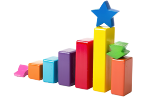 Colorful 3D bar chart made from wooden blocks arranged in ascending order, symbolizing improvement and success with stars on top. png