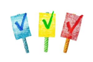 Colorful check marks on crayon drawn signs represent approval, completion, or confirmation in vibrant blue, yellow, and red hues. png