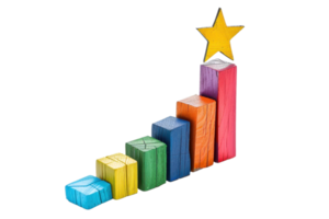 Colorful wooden blocks arranged in ascending order with a star on top, symbolizing growth, progress, and reaching goals. png