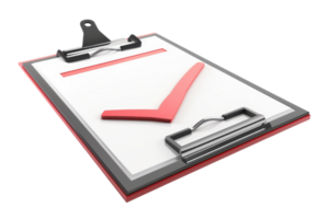 Close-up of a red checkmark on a clipboard, symbolizing task completion and productivity. Perfect for business, office, or project management concepts. png