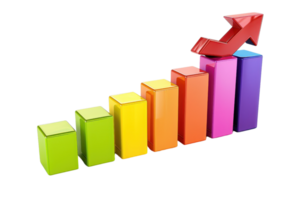 Colorful 3D bar graph with an upward arrow indicating growth and progress. Perfect for business and financial presentations. png