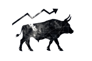 Abstract concept of a bullish market with a charging bull and upward graph indicating growth and progress. Suitable for finance and trading themes. png