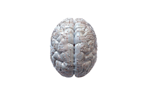 Futuristic illustration of a silver brain with circuit patterns, symbolizing technology, artificial intelligence, and innovation in a digital age. png