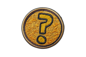 Embroidered patch with a yellow question mark on a textured background. Symbolizes inquiry and curiosity. Perfect for sewing projects. png