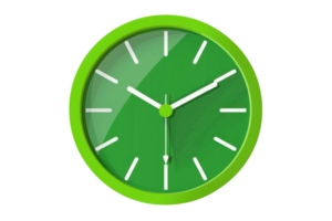 Green wall clock with white hands and markers on a transparent background. Perfect for time-related concepts and design projects. png