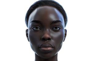 Digital portrait of a person with dark skin and closely cropped hair, staring directly at the camera on a plain transparent background. png