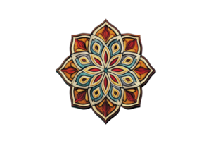 Intricate mandala pattern design with colorful geometry on black background, art for decoration and meditation purposes. png