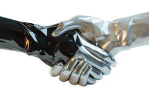 Futuristic handshake between a black and silver robotic hand, symbolizing technology, partnership, and innovation in the modern world. png