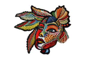 Vibrant abstract face art with colorful patterns and intricate designs, featuring a blend of feathers and geometric shapes. png