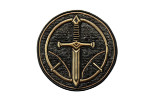 Ornate medieval shield emblem featuring a sword design. Perfect for fantasy themes, games, and historical projects. png