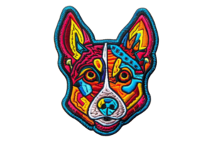 Vibrant, artistic dog face illustration with colorful, intricate patterns, perfect for modern design and creative projects. png