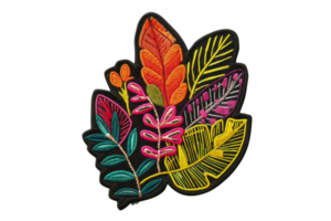 Vibrant embroidered botanical design with colorful leaves on black background. Perfect for craft, textile, and nature-themed projects. png