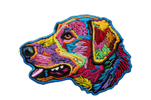 Vibrant, colorful embroidered dog patch showing detailed artwork with multiple hues, perfect for decoration and customization. png