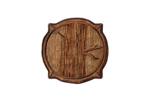 Vintage round wooden sign with a textured grain pattern and carved design. Ideal for rustic decor and signage projects. png