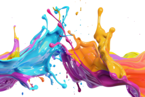 Vibrant splash of colorful paint in dynamic motion, creating a stunning visual effect with blue, yellow, purple, and pink hues on a transparent background. png