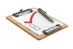 Wooden clipboard with a marked checklist and pen, ideal for business, organization, and productivity concepts. png