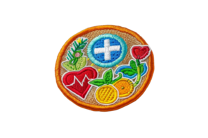 Colorful embroidered badge with heart, cross, plants, and fruit design on transparent background. symbolizing health and well-being. png