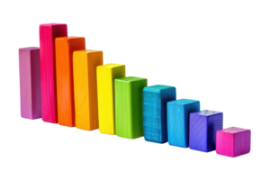 Wooden rainbow-colored blocks arranged in descending order, concept of growth, business chart, or child education on a transparent background. png