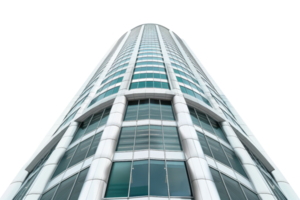 Modern high-rise building with glass windows and sleek architectural design, viewed from a low angle against a clear background. png