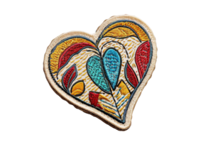 Colorful embroidered heart shape with abstract patterns in red, blue, yellow, showcasing intricate textile art, isolated on transparent background. png