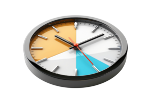 Modern wall clock with colorful segments, featuring grey, orange, white, and blue sections, isolated on a transparent background. png