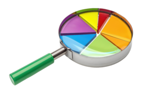 Magnifying glass focusing on a colorful pie chart, symbolizing data analysis, business growth, market research, and statistical evaluation. png