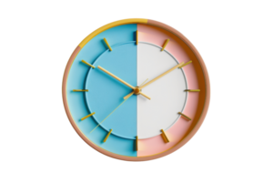 Colorful modern wall clock with a unique geometric design, featuring blue, pink, and white segments, and golden hands. Minimalistic home decor. png