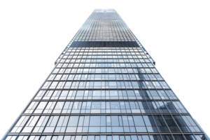 Low-angle view of modern glass skyscraper on clear sky background, showcasing contemporary architecture and urban skyline design. png