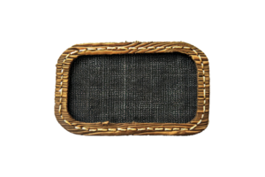 A rectangular woven wicker frame with dark mesh insert isolated on transparent background. Perfect for design, crafting, or decorative projects. png