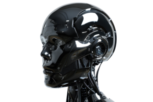 Side view of a futuristic black and white humanoid robot head with intricate mechanical details and glossy finish png