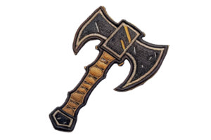Illustrated embroidered patch of a double-headed axe with a detailed handle and stitching, perfect for customization on garments or accessories. png