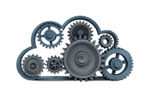 Cloud computing concept with interconnected gears symbolizing data processing and digital collaboration in a modern technological framework. png