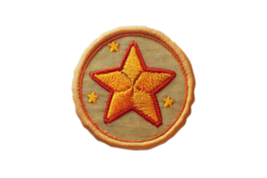 Embroidered patch featuring a golden star in the center with two small stars on a circular background, perfect for customization and apparel. png