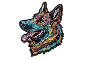 Colorful embroidered patch of a dog head, showcasing vibrant embroidery art with intricate details and a playful design, ideal for customization. png