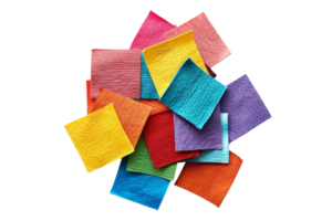 Colorful textured squares piled together, showcasing a vibrant mix of colors and surfaces perfect for design and crafting inspiration. png