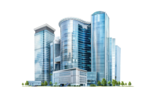 Modern glass skyscrapers with reflections, sleek architecture and greenery, symbolizing urban development and contemporary business environment. png