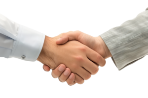 Close-up of a handshake signifying trust, agreement, and partnership between two people in business attire on a transparent background. png