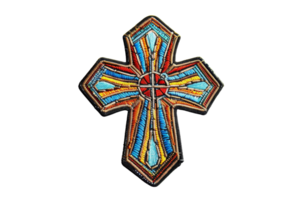 Colorful decorative cross with intricate, vibrant patterns, blending traditional and contemporary design elements, isolated on transparent background. png