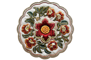 Intricate floral embroidery on a round textile with vibrant red and green patterns, showcasing detailed craftsmanship and elegant design. png