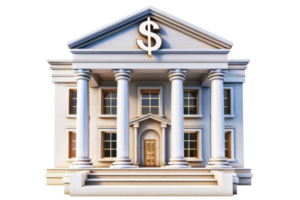 Classical building with pillars and dollar sign, representing financial institution or bank, isolated on transparent background. png