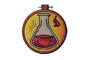 Colorful embroidered patch featuring a red flask with a flame, symbolizing chemistry or science experiment. png