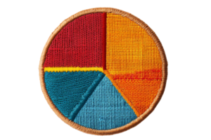 Colorful embroidered pie chart patch with a red, orange, yellow, and blue segments. Round textile design on transparent background. png