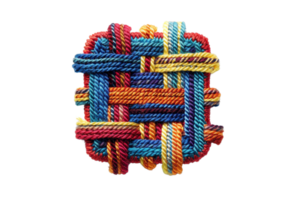 Colorful woven pattern made of multicolored cords, creating an intricate and vibrant textile design on a transparent background. png