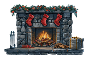 A cozy stone fireplace with stockings, a warm fire, garland, and holiday decorations that create a festive Christmas atmosphere. png