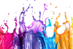 Vibrant paint splashes in dynamic motion, showcasing a rainbow of colors in an abstract, artistic expression against a transparent background. png