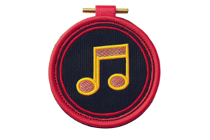Embroidered music note badge with yellow and red threads on a circular black background, encased in a red border. Ideal for crafts and fashion. png
