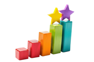Colorful wooden blocks arranged in ascending order with star shapes on top, representing growth, success, and achievement. png